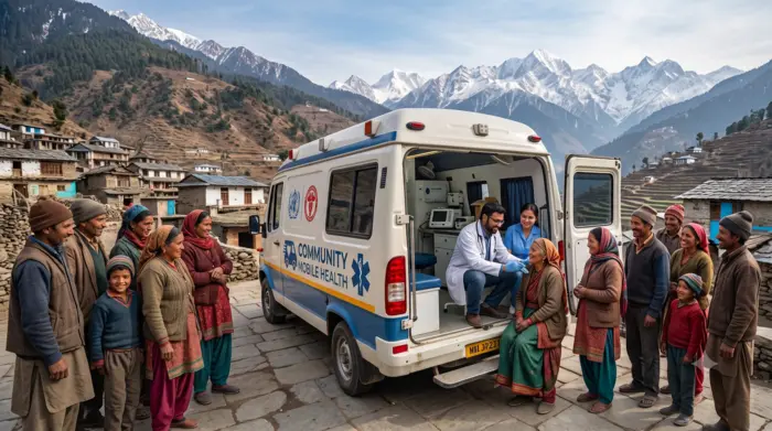 Doctors treating patients through Seemant Sewa Foundation's Mobile Medical Unit in a rural Uttarakhand village